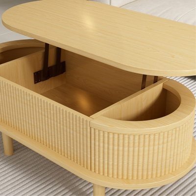Table basse cannelée à plateau relevable avec compartiment caché, table centrale en bois, plateau de table ovale moderne pour le bureau de salon à domicile