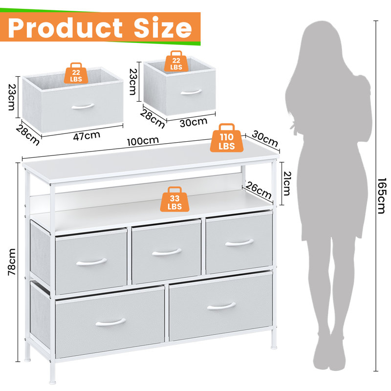 100 cm W Chest of 5 Drawers, White