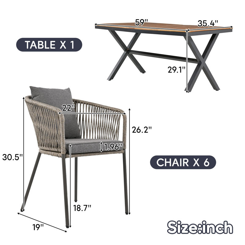 Ensemble repas extérieur pour 6 personnes avec coussins pour le jardin, la cour arrière et le balcon, Gris