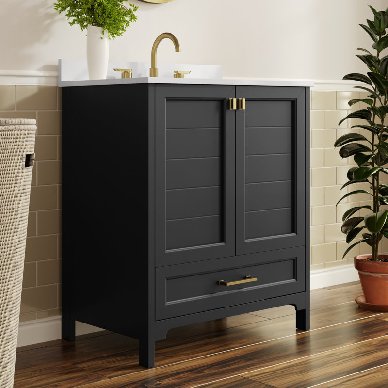 Meuble-lavabo de salle de bain avec lavabo encastré, armoire et tiroir, Noir, Or