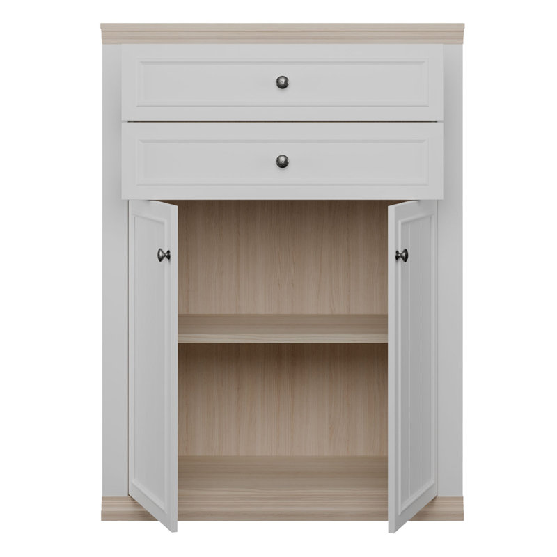 Modern Cottage Style Cabinet Unit, Double Doors, 2 Drawers, Engineered Wood, White/Light Oak Decor, 92.9 cm W x 127.4 cm H x 43.5 cm D