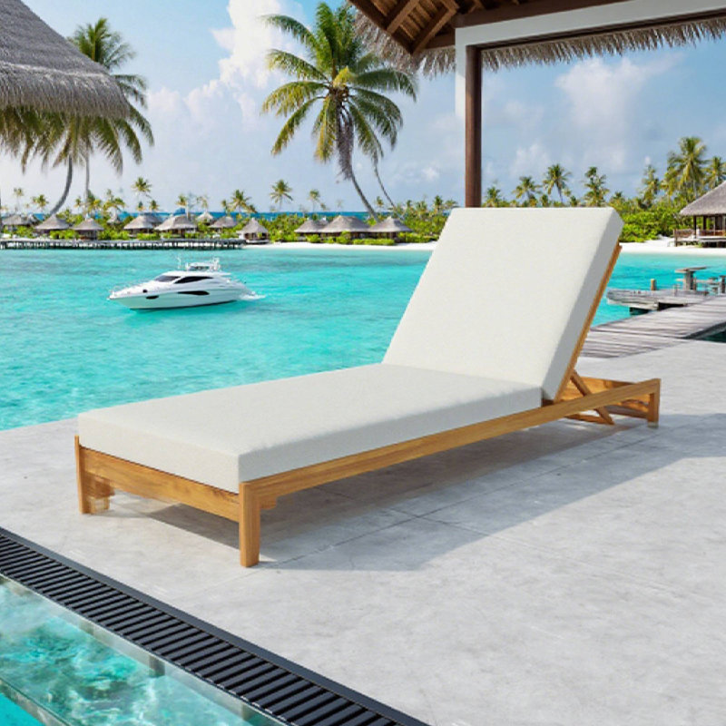 Acacia Wood Lounge Chaise Set - Cream 4" Water-Resistant Cushions, Cream