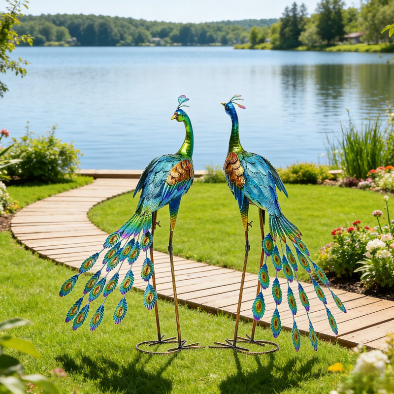 Statue de paon en métal 32 po d'extérieur - art de jardin pour la pelouse, patio, cadeau pour les amoureux du jardin, cadeau de pendaison de crémaillère