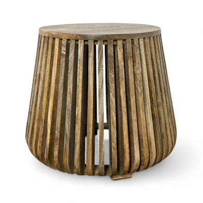 Elegant Beige 24" Round Accent Table with Bell-Shaped Slatted Base, Fully Assembled