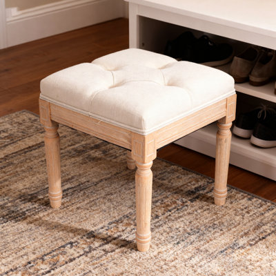 Banc carré rembourré de 16,12 po beige, assise confortable dans le salon, structure et pieds en bois d'hévéa massif de 16,12 po de couleur beige, idéal pour le patio extérieur, rembourrage en mousse souple