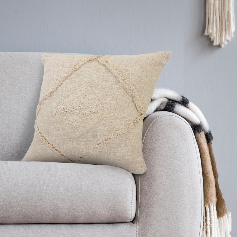 Birch Beige Cotton Double Diamond 20" Square Throw Pillow