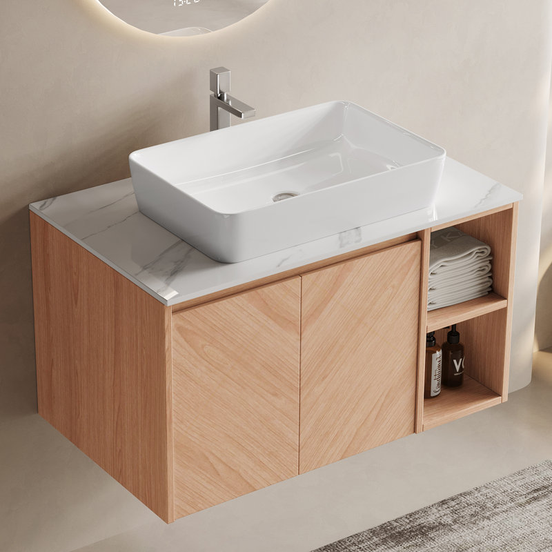 Bathroom Single Vanity Ceramic Basin, Light Wood, 30"