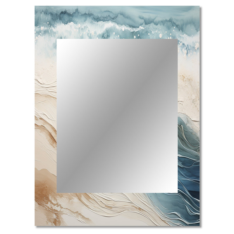 Moderne bleu et beige sable vue aérienne V - miroir mural décoratif sable de plage, miroir gris, impression d'art en métal