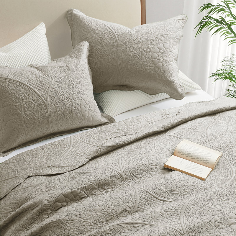 Floral Embossed Quilt Set, Beige, Full/Queen Bedspread + 2 Standard Shams