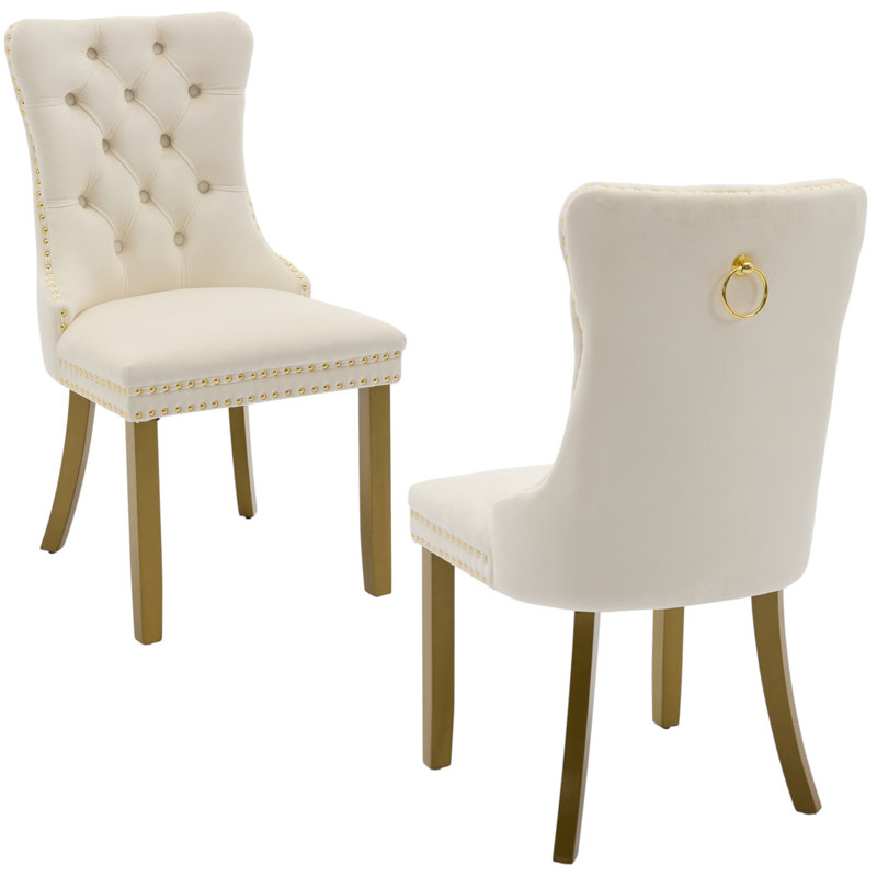 Blakeway Modern Velvet Wingback Tufted Upholstered Dining Chairs with Solid Wood Legs, Cream, Gold, 2