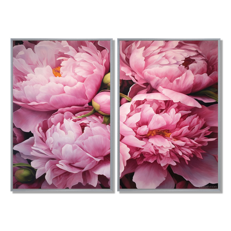 Pivoine rose verte captivante II - impressions sur toile traditionnelles roses, 36" H x 48" W, Silver