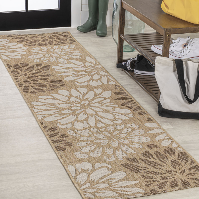 Zinnia Modern Floral Textured Weave Brown/Cream Indoor/Outdoor Rug, Runner 2'2" x 8'