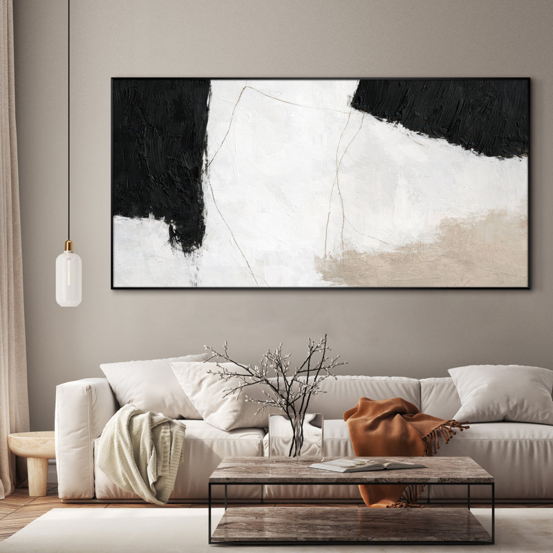 Très grand art mural imprimé sur tissu - Noir, formes minimalistes abstraites, décor de bureau moderne - «Assemblage requis du cadre (cadre non fini)»