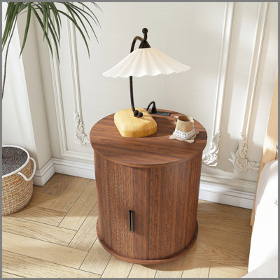 Mid Century Modern Cylinder End Table with Built-in Charging Station, Sliding Door, and 2-Tier Storage, Walnut Nightstand for Living Room, Bedroom, En by East Urban Home