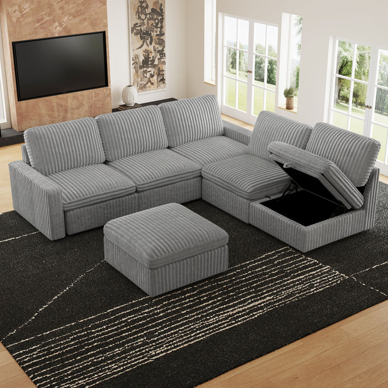 Modular U-Shaped Sectional Sofa, Solid Wood Frame, For Large Living Room & Open Concept Space, Gray Corduroy