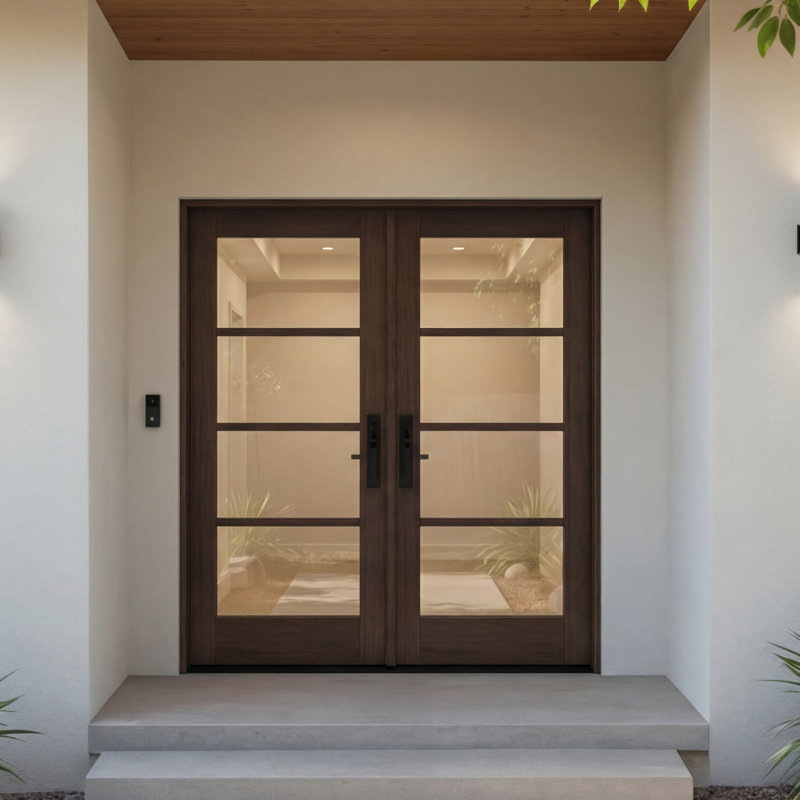 G10402-SW-80 | Porte double 80 po, extérieur pré-monté RTA, SDL 4 Lite, bois d'acajou brut, 74.5" x 82" [36" Door]