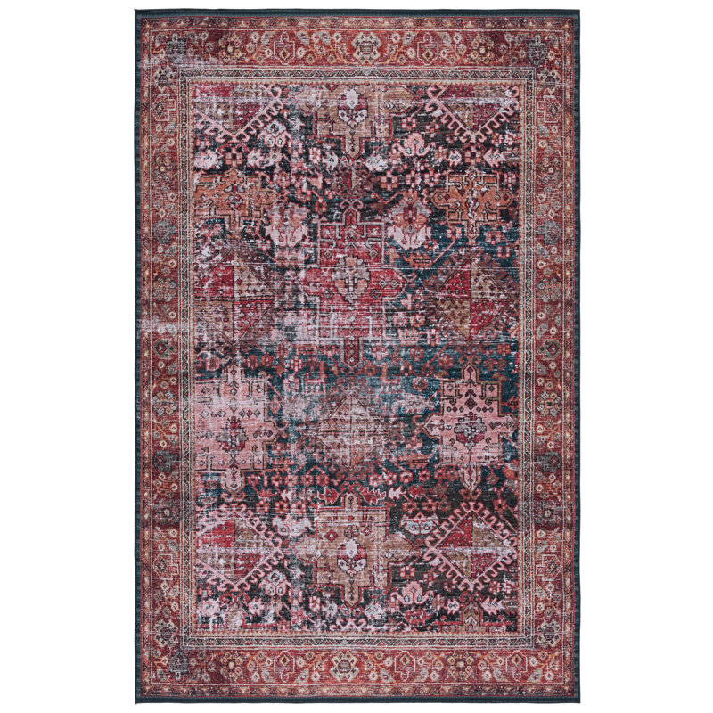 Tucson Vintage Look Machine Washable Non-Slip Area Rug in Red, Navy & Beige, Rectangle 152 x 244 cm