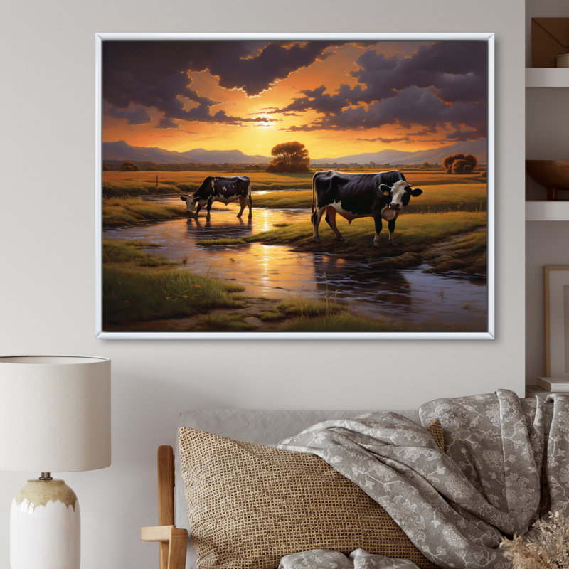 «Kvon Cows At Farm Landscape II», reproduction sur toile, H 24 po x l 32 po, Cadre flottant blanc