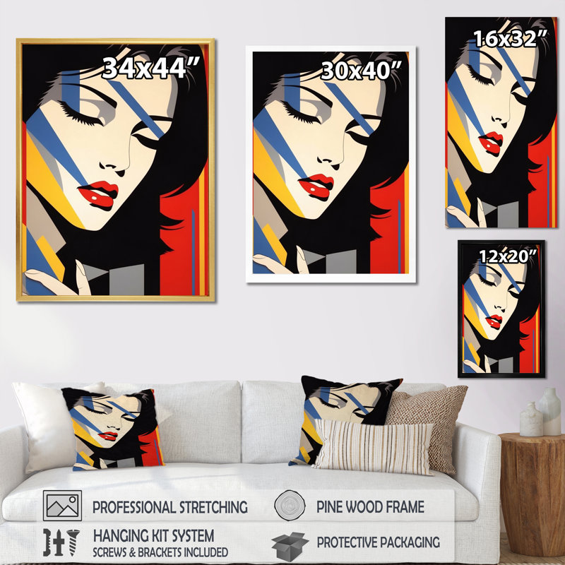 Rétro portrait de femme Pop art - impression, Cadre naturel flottant, H 40 po x l 30 po x P 1,5 po