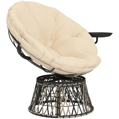 Chaise pivotante à 360 ° pour l'extérieur Papasan, chaise ronde rembourrée 39 po avec plateau latéral, coussin épais pour patio intérieur, beige
