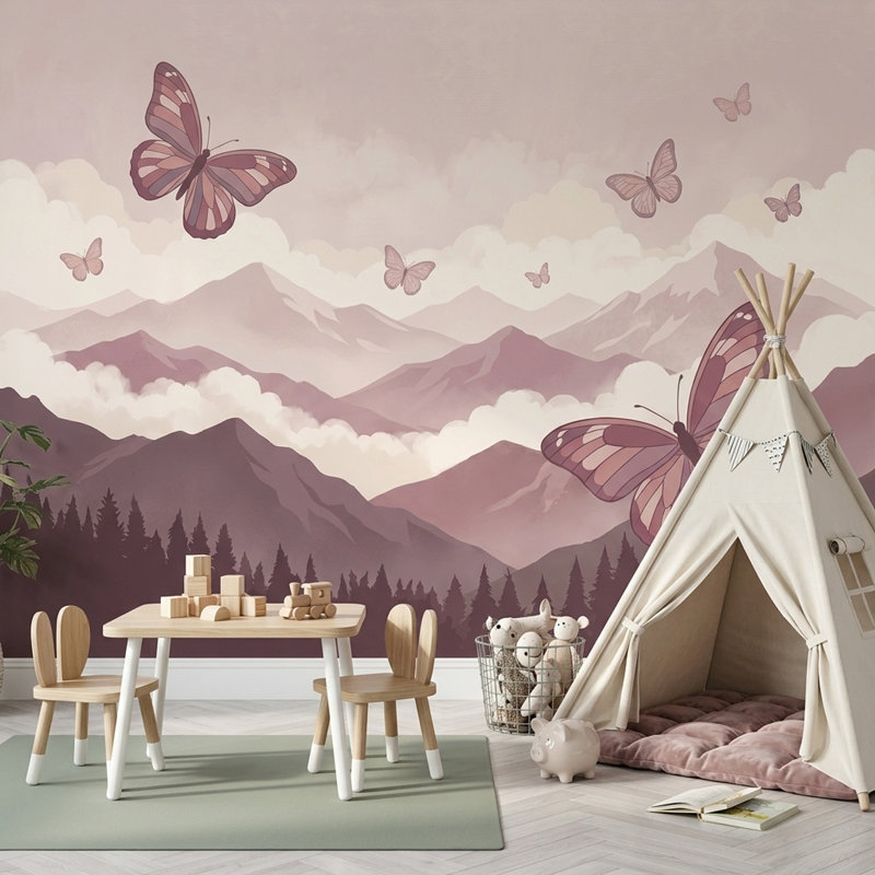 Papier peint Pastel Mountains Butterflies Misty Clouds, 120 po x 96 po, Peler et coller