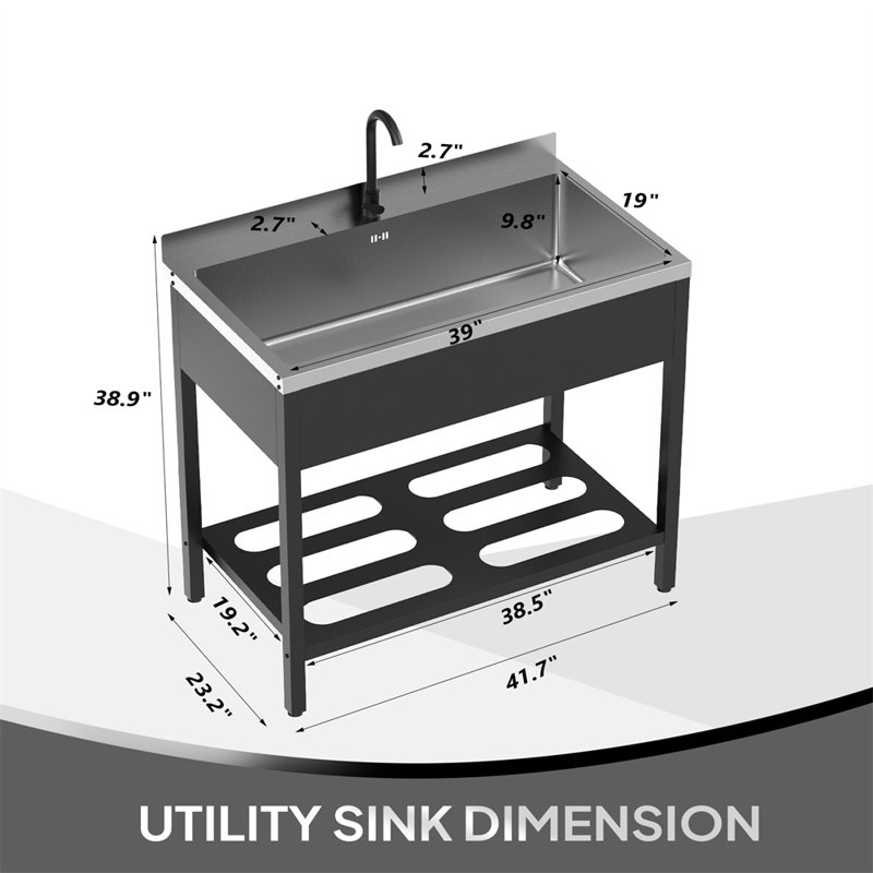 41.7 In.  Freestanding  Stainless Steel Utility Sink With Towel Rack And Storage Shelf