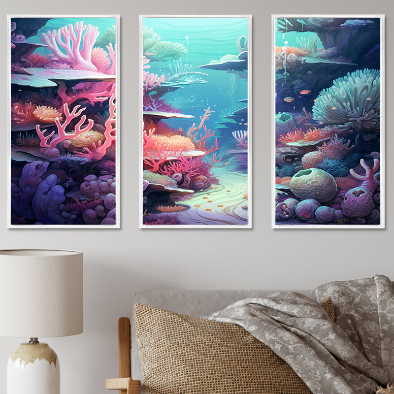 Ensemble de décorations murales turquoise et rose sous l'eau, Cadre flottant blanc, H 28 po x l 36 po x P 1 po