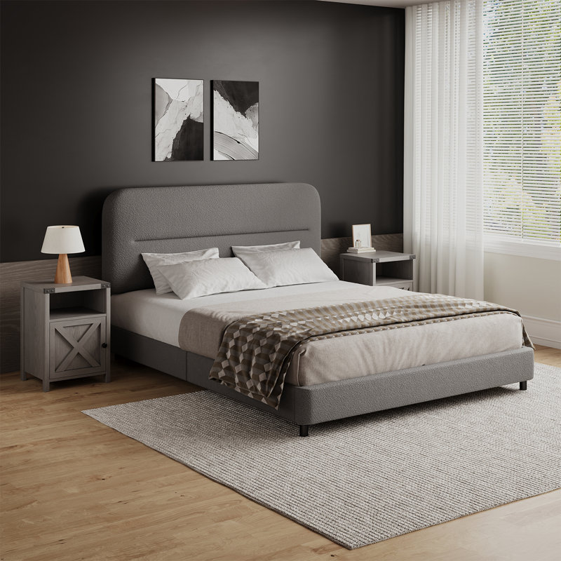 3 Piece Upholstered Bedroom Set,Bed Frame With Set Of 2 Nightstands, Gray/Gray, Queen