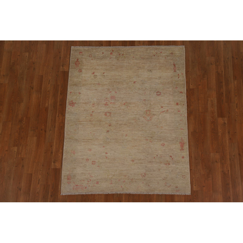 Tapis beige en laine noué à la main de conception unique 3 pi 10 po x 4 pi 10 po New Age