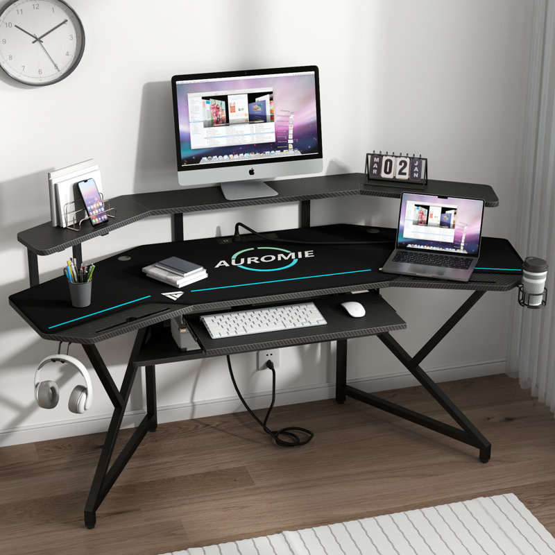 Berlanga Gaming Desk with Power Outlet & Led Strip, Large Wing-Shaped Computer Desk with Monitor Stand