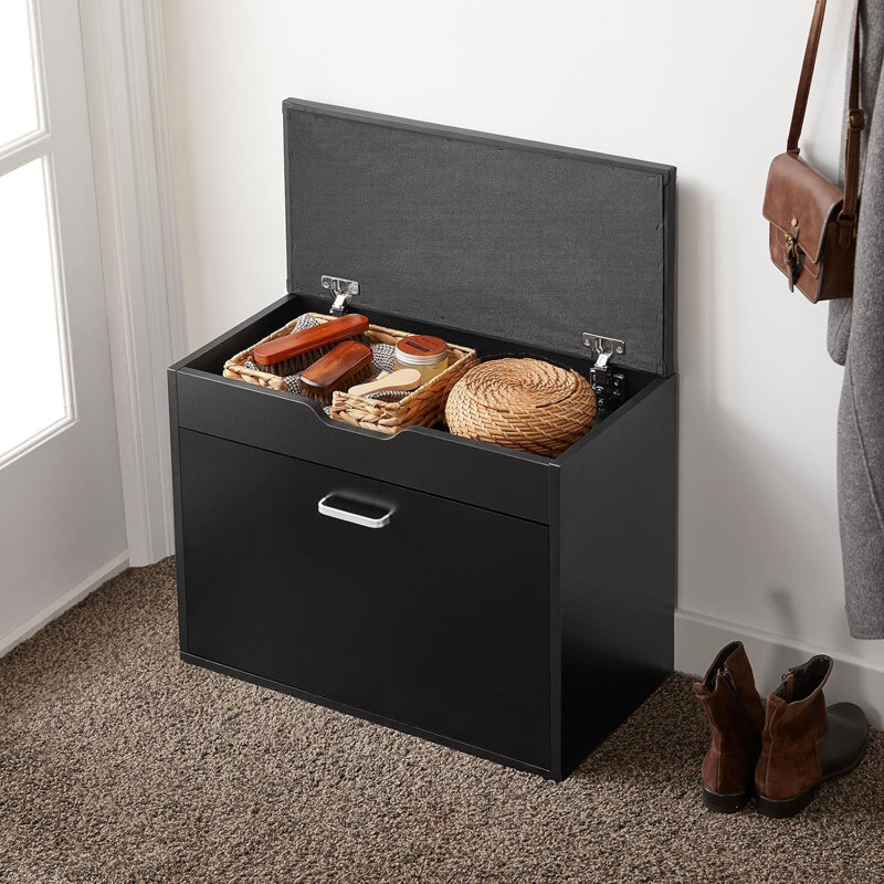 Shoe Bench Narrow Shoe Rack with Folding Padded Seat for Small Space, Hallway, Entryway, Black, Black