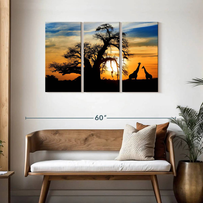 Coucher de soleil africain girafes, H 28 po x l 45 po