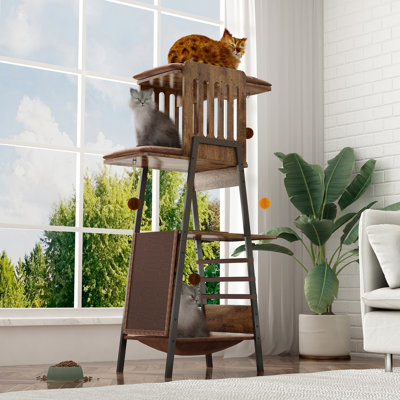 Arbre à chat moderne, tour à chat de 58 pouces pour grands chats, arbre à chat Maine Coon avec planche à gratter, grand perchoir, hamac et coussinets amovibles, brun rustique