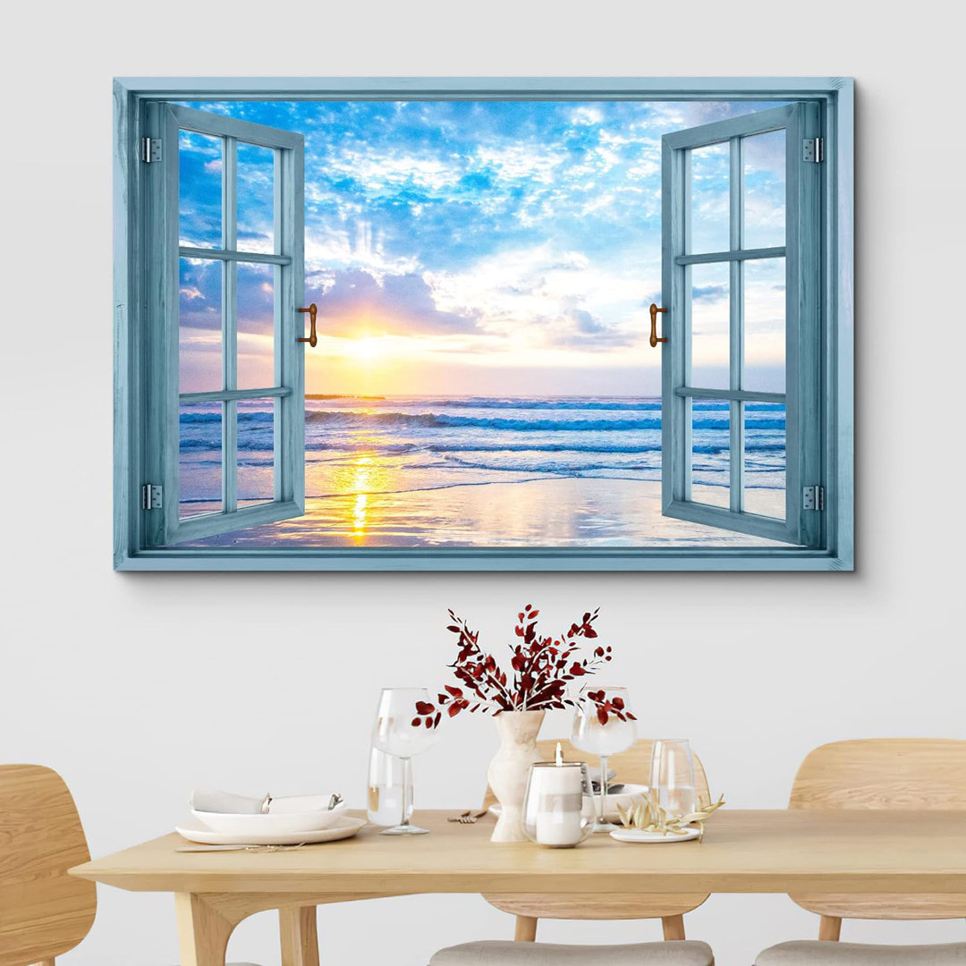 Window Scene " Window View Pastel Sunset Blue Ocean Beach Horizon Nature Pictures Scenic Landscape " IDEA4WALL Overall 