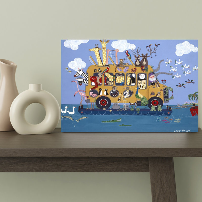 Noah'S Ark Bus Colorful Whimsical Abstract Bird Crocodile Elephant Forest Landscape Wall Art Print by Sev Ickes - Wrapped Canvas Print
