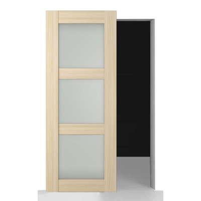 Avon 3 Lite Paneled Manufactured Wood And Frosted Glass Solid Core Interior Sliding Hidden Barn Door With Base Board With Installation Hardware Kit