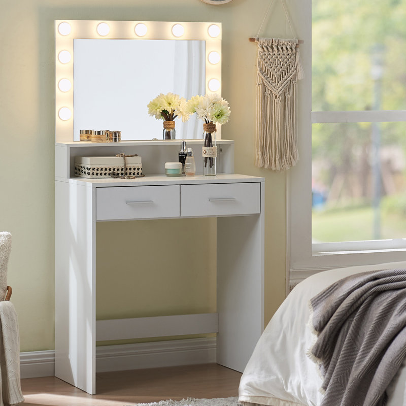 Vanity Desk with Mirror and Lights, Dressing Table with Large Drawer, White