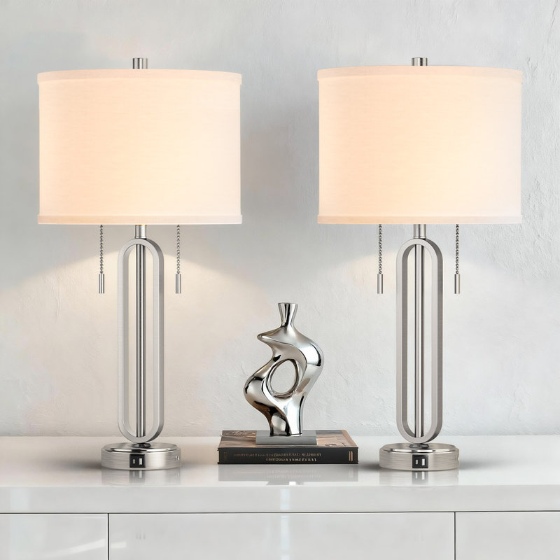 26.5'' Traditional Metal Table Lamp With Usb For Living Room/Bedroom, Polished Nickel
