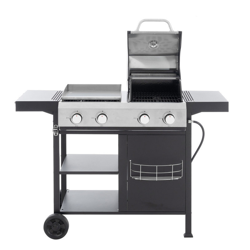 Combiné 2 + 2 brûleurs à gaz multifonction et plaque chauffante avec couvercle pour la cuisson en plein air pendant le camping ou la saison d'avant-match - BBQ, friture