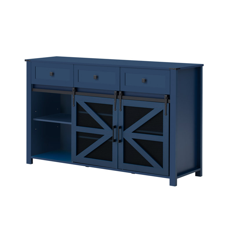 55'' Industrial Sliding Barn Door Sideboard with 3 Drawers, Adjustable Shelves, Metal Mesh & Particleboard Cabinet, Navy Blue