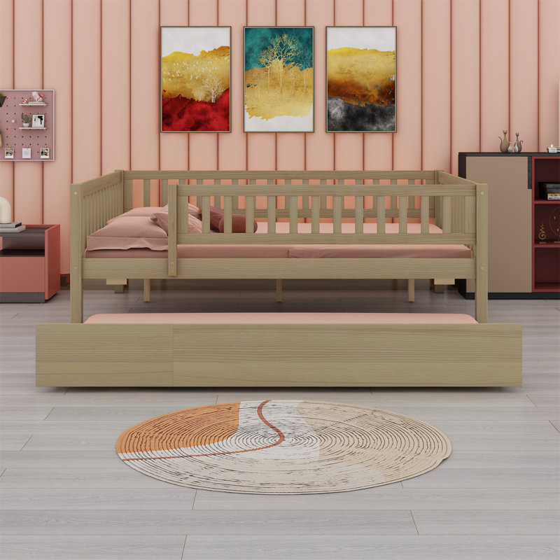 Wood Daybed With Trundle And Fence Guardrails, Natural