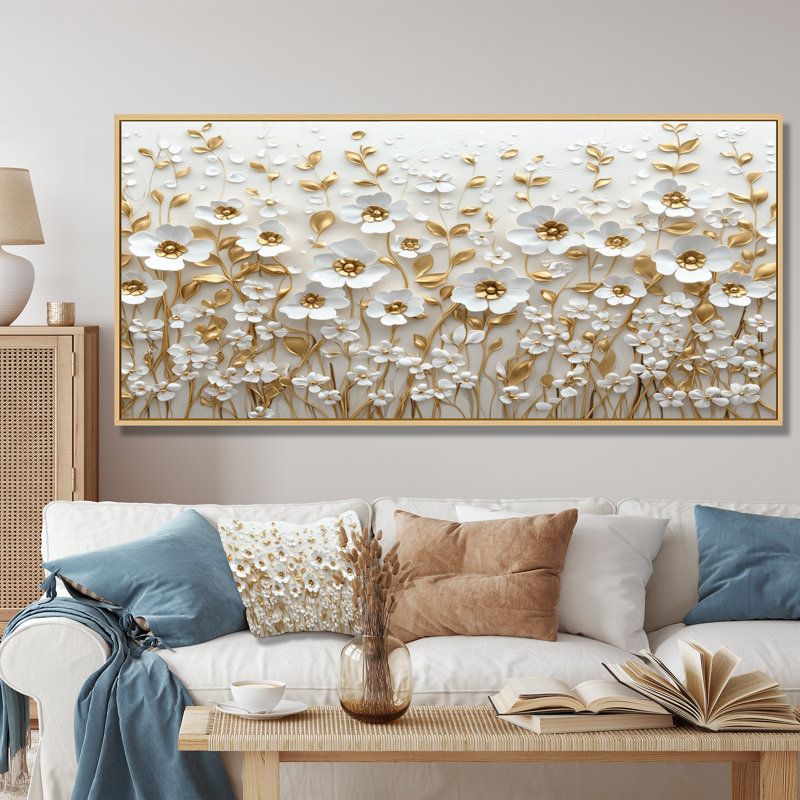 Orchidée blanche Moriyama, jardin de branches I - art mural fleurs sauvages, H 28 po x l 60 po, Toile tendue
