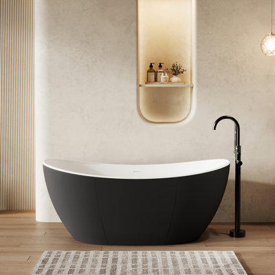 59 in. x 29 in. Double Slipper Freestanding Solid Surface Soaking Bathtub in Black/White with Center Drain