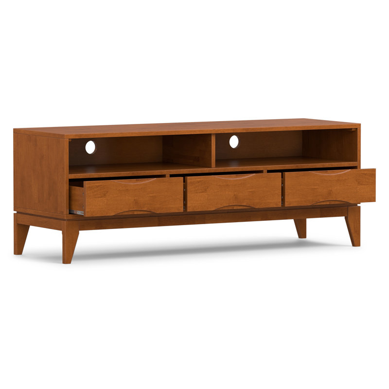 Harper 60"W Solid Wood Mid-Century Modern TV Stand for TVs up to 65" with 3 Drawers and Open Shelves, Teak Brown