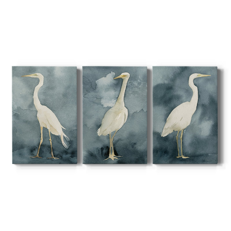 Simple Egret I - toile tendue avec châssis sur mesure - 3 pièces, H 48 po x l 96 po, Impression sans cadre