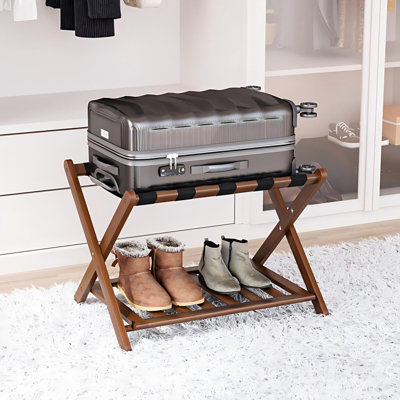 Walnut Folding Suitcase Stand With Shoe Shelf