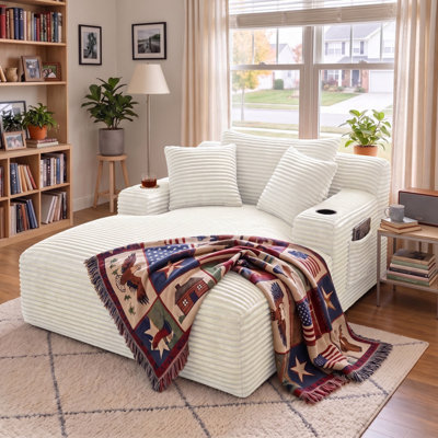 67" Oversized Cloud Corduroy Sleeper Sofa With Side Book Pocket And Armrest Cup Holder