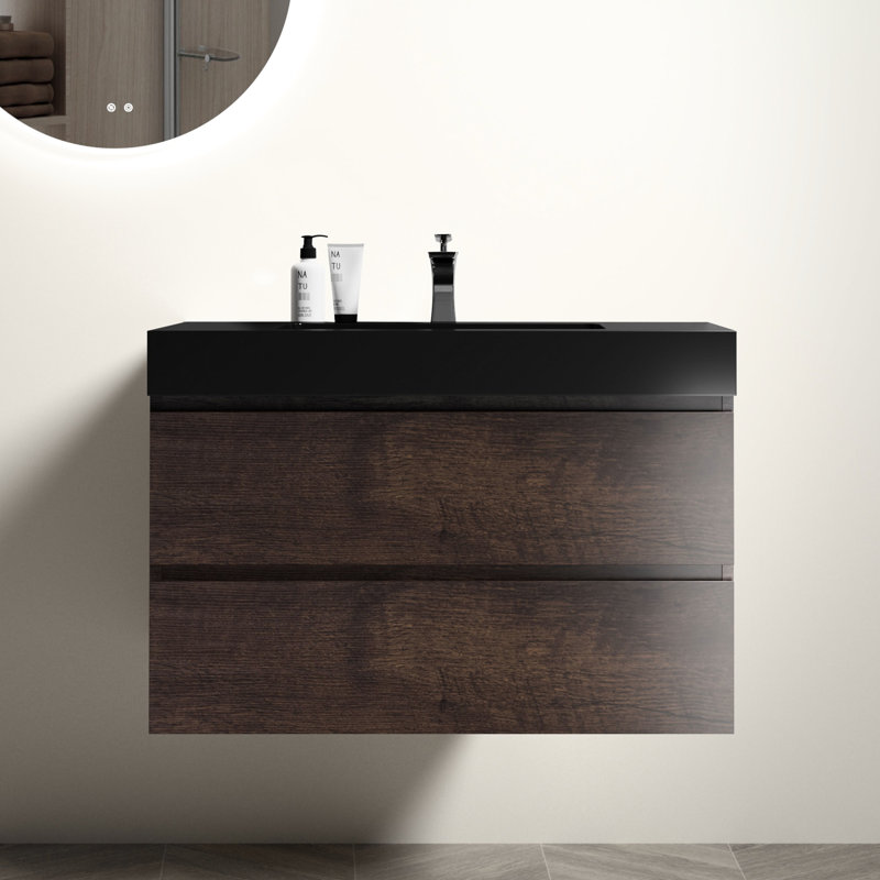 Meuble-lavabo moderne 36 po - Finition noyer, fermeture silencieuse, grand rangement, design et lavabo pour salle de bain