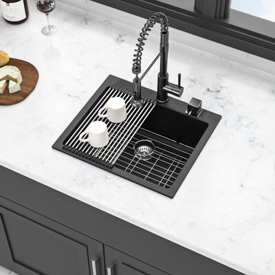 Évier de cuisine en quartz composite - Évier de cuisine noir et noir à réduction de bruit 25 po x 22 po