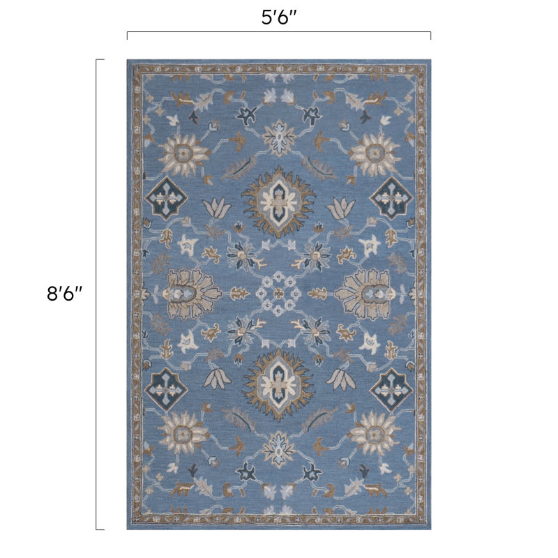 Greer Hand Tufted Wool Floral/Oriental Area Rug in Denim/Brown/Cream/Tan/Teal, Rectangle 5'6" x 8'6"